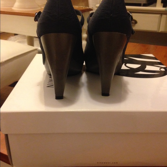 Navy Blue Peep Toe Wedges - Picture 3 of 4